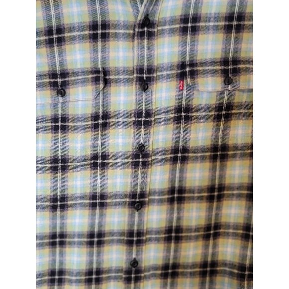 Levis Relaxed Fit Heavy Flannel Shirt XL Black‎ Green Yellow Plaid Long Sleeves - Picture 4 of 7